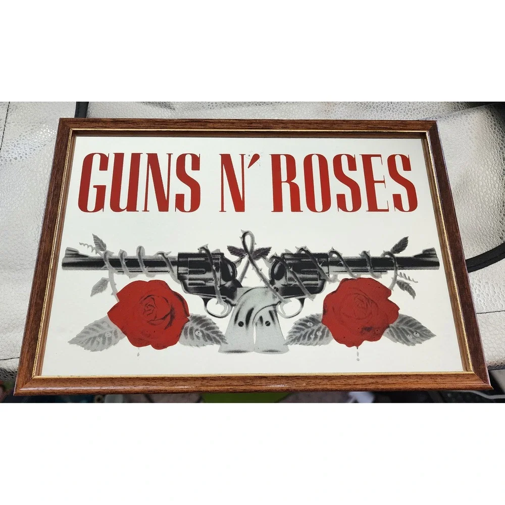 Guns N Roses Carnival Fair Prize Mirror Vintage Band Logo Red Roses Wood Frame